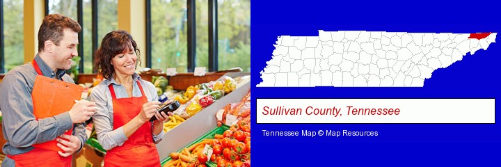 two grocers working in a grocery store; Sullivan County, Tennessee highlighted in red on a map
