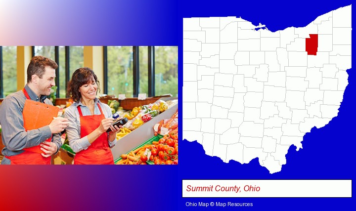 two grocers working in a grocery store; Summit County, Ohio highlighted in red on a map