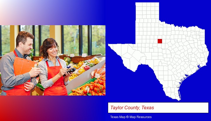 two grocers working in a grocery store; Taylor County, Texas highlighted in red on a map