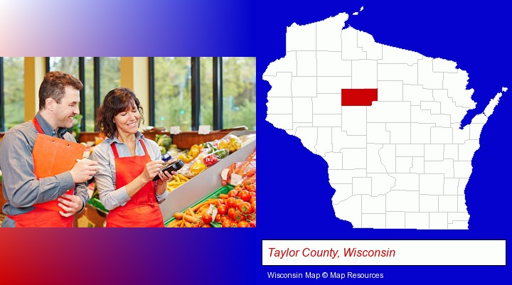 two grocers working in a grocery store; Taylor County, Wisconsin highlighted in red on a map