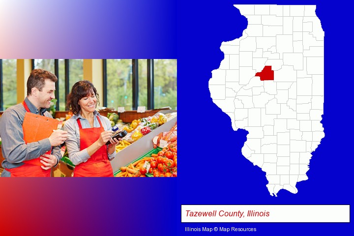 two grocers working in a grocery store; Tazewell County, Illinois highlighted in red on a map