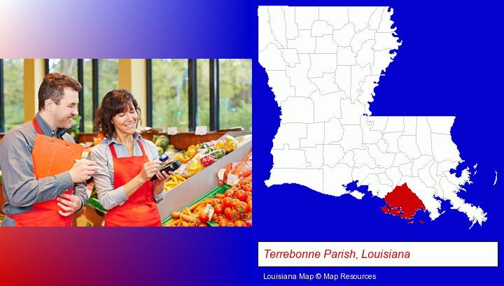 two grocers working in a grocery store; Terrebonne Parish, Louisiana highlighted in red on a map