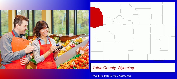 two grocers working in a grocery store; Teton County, Wyoming highlighted in red on a map