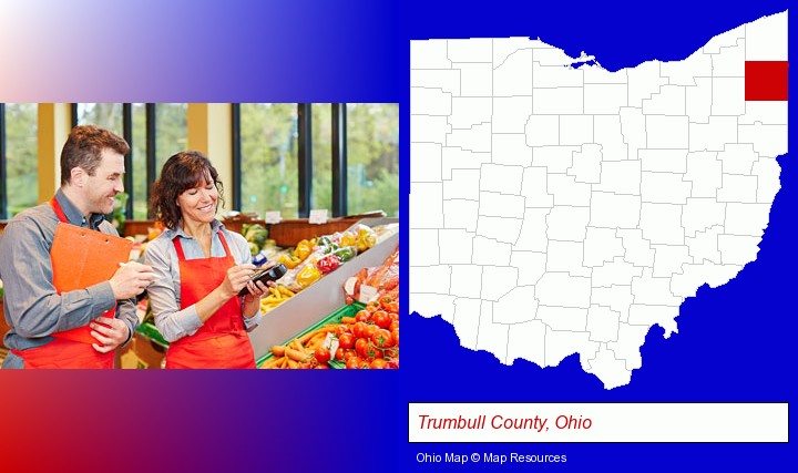 two grocers working in a grocery store; Trumbull County, Ohio highlighted in red on a map