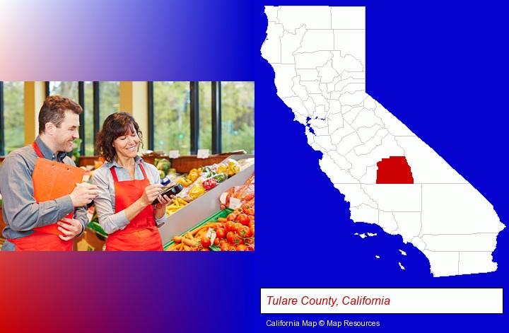 two grocers working in a grocery store; Tulare County, California highlighted in red on a map