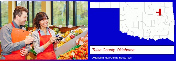two grocers working in a grocery store; Tulsa County, Oklahoma highlighted in red on a map