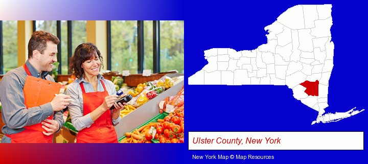 two grocers working in a grocery store; Ulster County, New York highlighted in red on a map