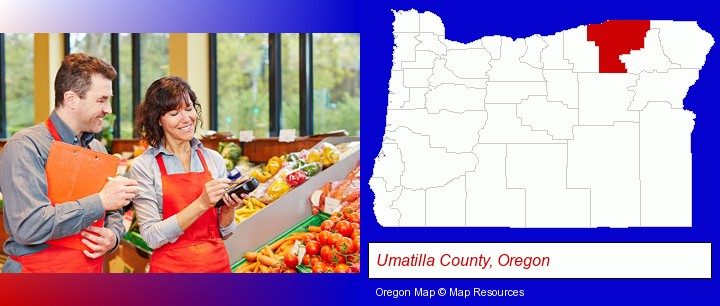 two grocers working in a grocery store; Umatilla County, Oregon highlighted in red on a map