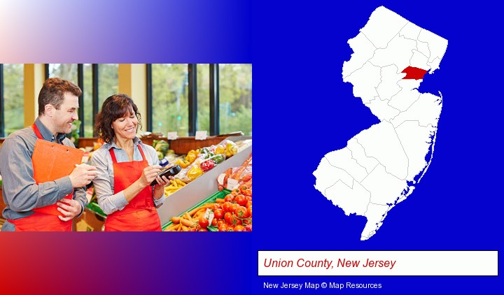 two grocers working in a grocery store; Union County, New Jersey highlighted in red on a map