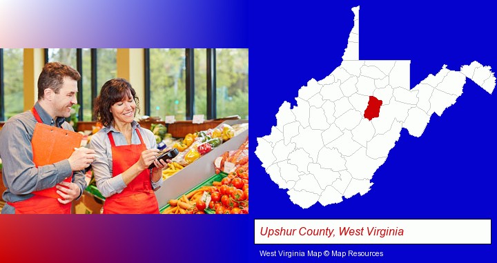 two grocers working in a grocery store; Upshur County, West Virginia highlighted in red on a map