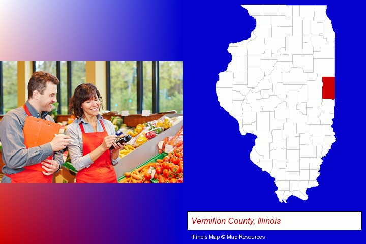 two grocers working in a grocery store; Vermilion County, Illinois highlighted in red on a map