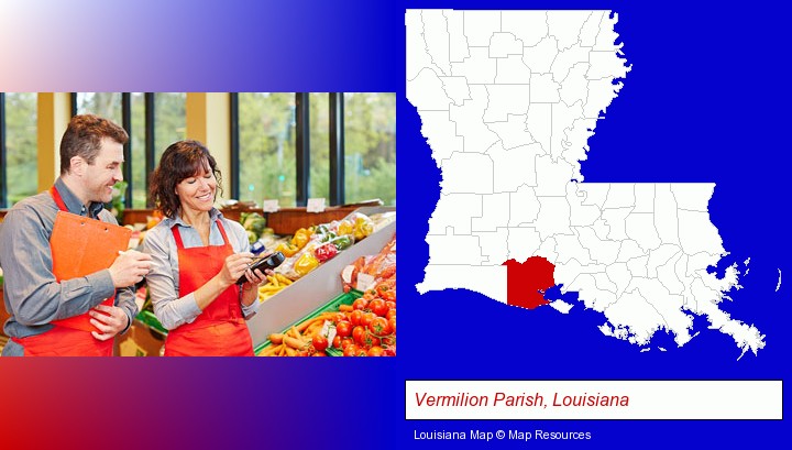 two grocers working in a grocery store; Vermilion Parish, Louisiana highlighted in red on a map