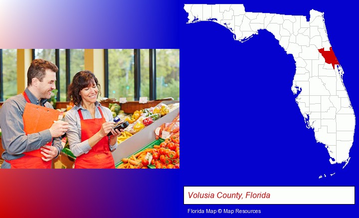two grocers working in a grocery store; Volusia County, Florida highlighted in red on a map