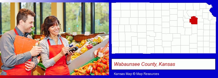 two grocers working in a grocery store; Wabaunsee County, Kansas highlighted in red on a map