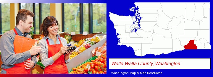 two grocers working in a grocery store; Walla Walla County, Washington highlighted in red on a map