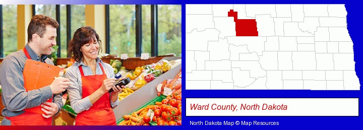 two grocers working in a grocery store; Ward County, North Dakota highlighted in red on a map