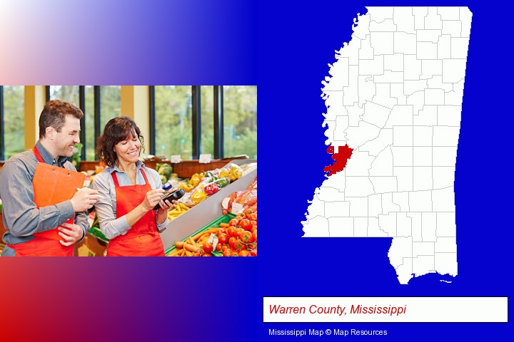 two grocers working in a grocery store; Warren County, Mississippi highlighted in red on a map