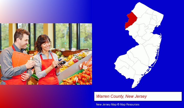 two grocers working in a grocery store; Warren County, New Jersey highlighted in red on a map