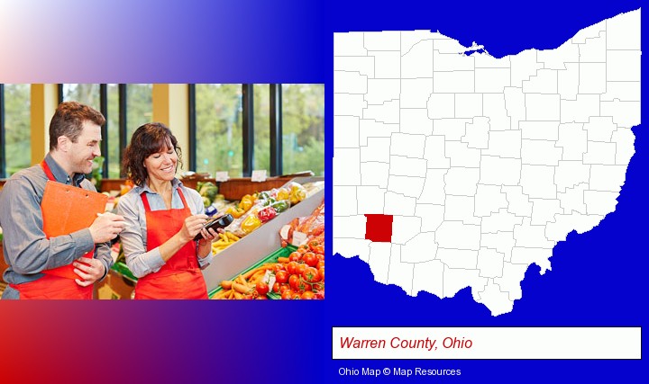 two grocers working in a grocery store; Warren County, Ohio highlighted in red on a map
