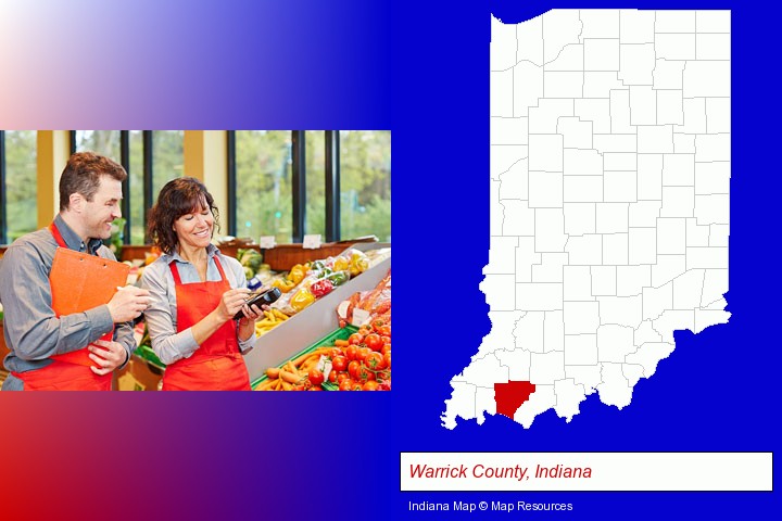 two grocers working in a grocery store; Warrick County, Indiana highlighted in red on a map