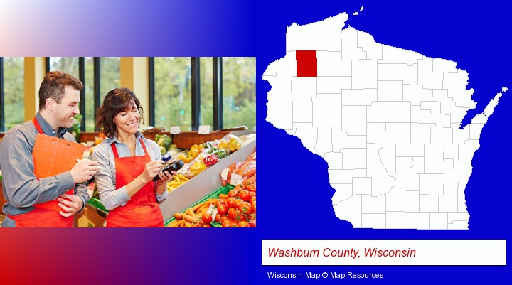 two grocers working in a grocery store; Washburn County, Wisconsin highlighted in red on a map