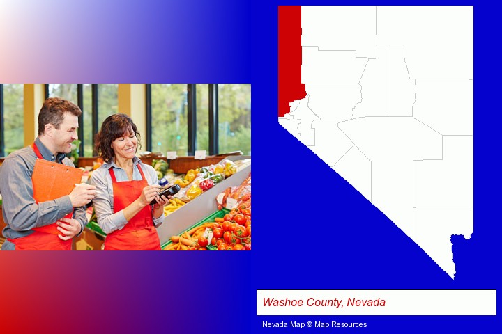two grocers working in a grocery store; Washoe County, Nevada highlighted in red on a map