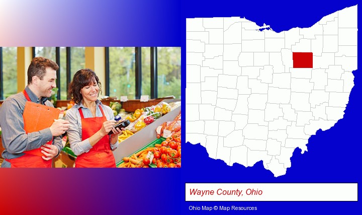 two grocers working in a grocery store; Wayne County, Ohio highlighted in red on a map