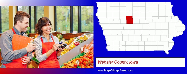 two grocers working in a grocery store; Webster County, Iowa highlighted in red on a map