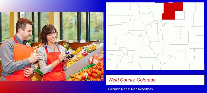two grocers working in a grocery store; Weld County, Colorado highlighted in red on a map