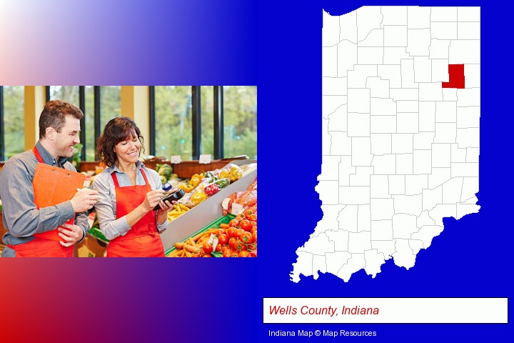two grocers working in a grocery store; Wells County, Indiana highlighted in red on a map