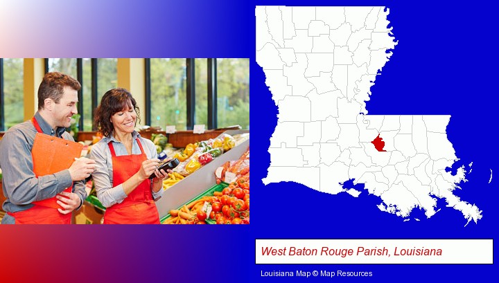 two grocers working in a grocery store; West Baton Rouge Parish, Louisiana highlighted in red on a map