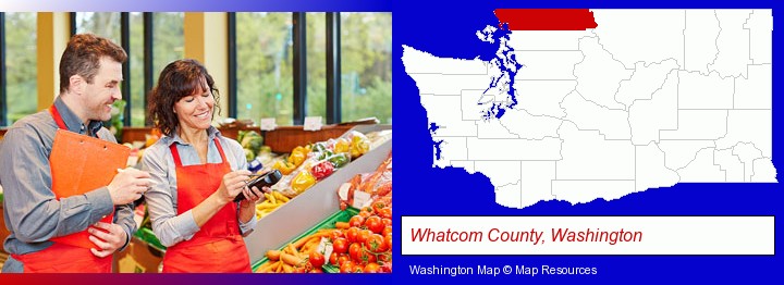 two grocers working in a grocery store; Whatcom County, Washington highlighted in red on a map