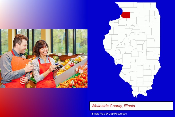 two grocers working in a grocery store; Whiteside County, Illinois highlighted in red on a map