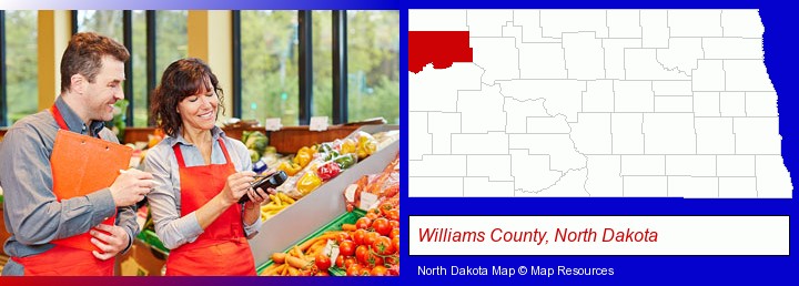 two grocers working in a grocery store; Williams County, North Dakota highlighted in red on a map