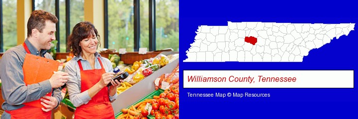two grocers working in a grocery store; Williamson County, Tennessee highlighted in red on a map