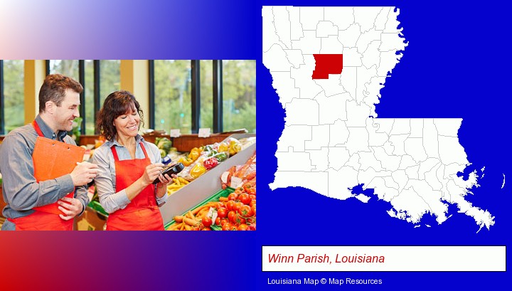 two grocers working in a grocery store; Winn Parish, Louisiana highlighted in red on a map