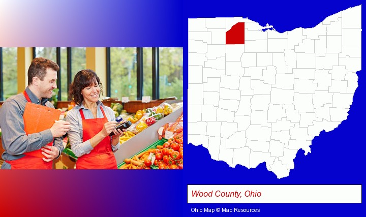two grocers working in a grocery store; Wood County, Ohio highlighted in red on a map