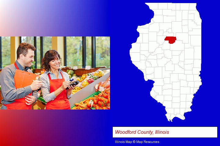two grocers working in a grocery store; Woodford County, Illinois highlighted in red on a map