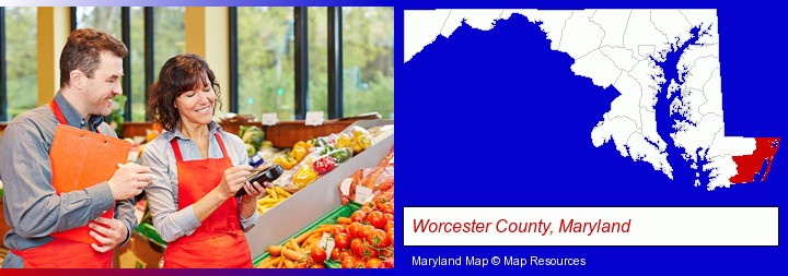 two grocers working in a grocery store; Worcester County, Maryland highlighted in red on a map