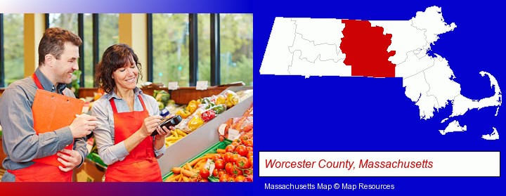 two grocers working in a grocery store; Worcester County, Massachusetts highlighted in red on a map