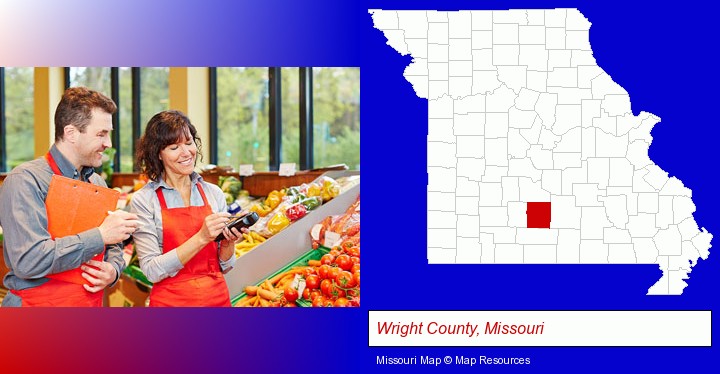 two grocers working in a grocery store; Wright County, Missouri highlighted in red on a map