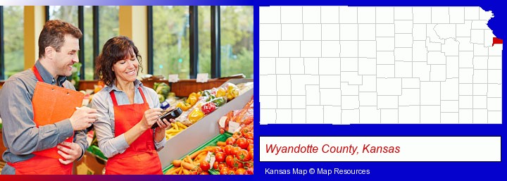 two grocers working in a grocery store; Wyandotte County, Kansas highlighted in red on a map