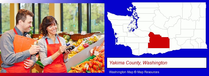two grocers working in a grocery store; Yakima County, Washington highlighted in red on a map