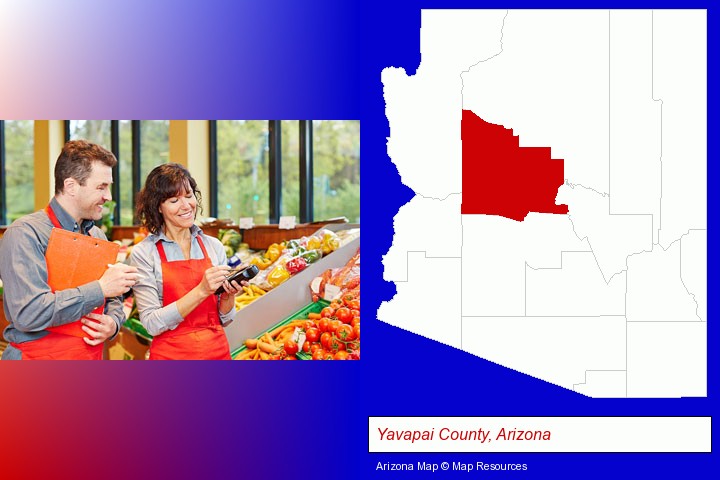 two grocers working in a grocery store; Yavapai County, Arizona highlighted in red on a map