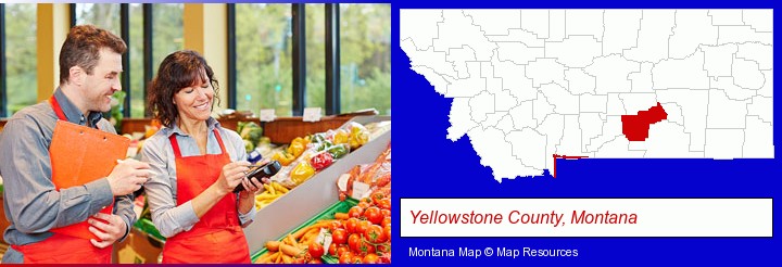 two grocers working in a grocery store; Yellowstone County, Montana highlighted in red on a map