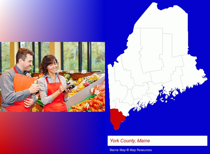 two grocers working in a grocery store; York County, Maine highlighted in red on a map