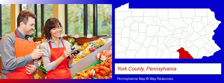 two grocers working in a grocery store; York County, Pennsylvania highlighted in red on a map