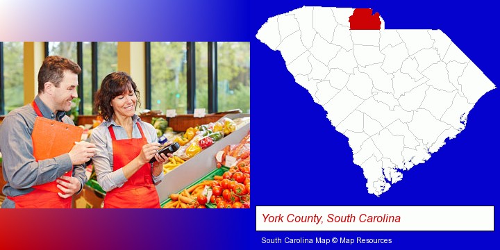 two grocers working in a grocery store; York County, South Carolina highlighted in red on a map