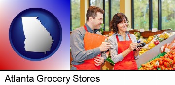 two grocers working in a grocery store in Atlanta, GA