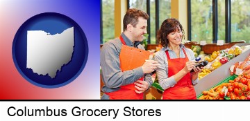 two grocers working in a grocery store in Columbus, OH